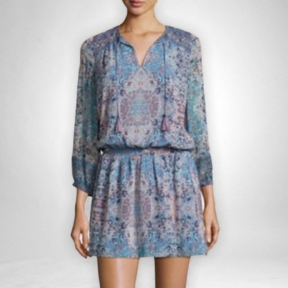 Joie Aidee Blue Printed Silk Chiffon Long Sleeve Mini Dress Medium
